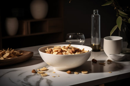 Healthy breakfast cereal bowl. Close up shot. Generative AIの素材