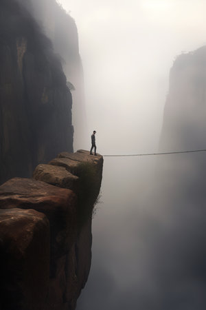 Person walking through dangerous hanging bridge in rocky mountain. Generative AI vertical shotの素材