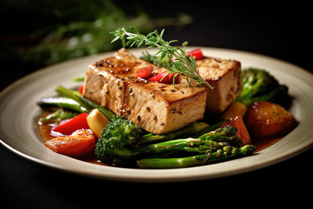 Close up shot to delicious marinated tofu served with vegetables. Generative AIの素材