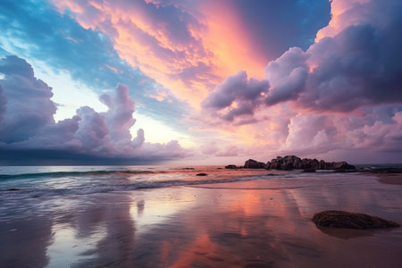 Amazing sunset by rocky beach. Generative AIの素材