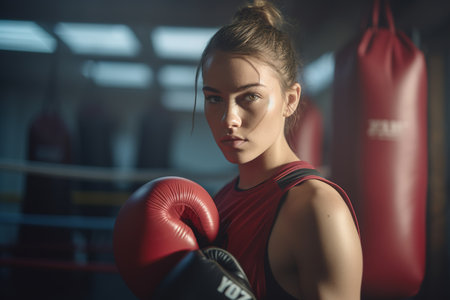 Young female training boxing and looking serious to the camera. Generative AIの素材