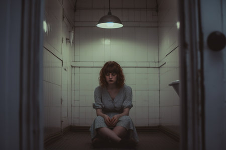 Woman sitting alone in creepy bathroom. Depression and loneliness. Mental health concept. Generative AIの素材