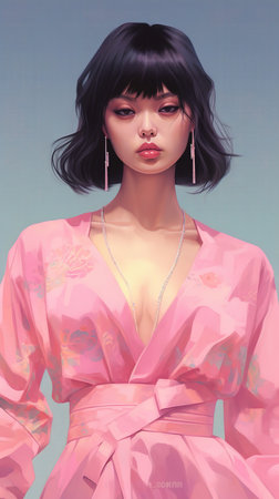 Pretty young Japanese woman wearing pink dress. Digital illustration generated by AIの素材