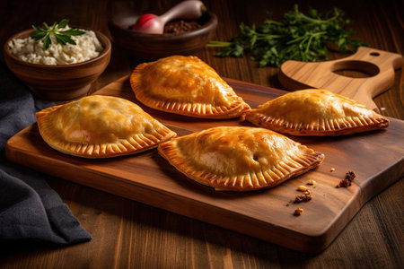 Close up shot to wooden board with delicious Argentine empanadas. South America traditional food. Generative AIの素材
