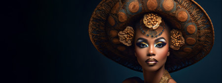 Head shot of gorgeous African American model wearing exotic make up and hat over dark blue background. Copy space for text. Generative AIの素材