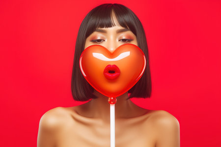Brunette beautiful woman behind heart shaped balloon over red background studio shot. Generative AIの素材
