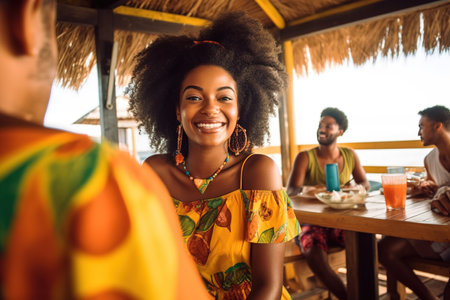 Brazilian gorgeous woman smiling while chatting with friend at outdoors beach bar. Generative AIの素材