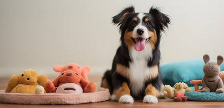 Adorable dog sitting on a wooden floor surrounded by pet toys. Copy space for text. Generative AIの素材