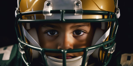 Head shot of little African American boy wearing American football helmet. Generative AIの素材