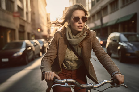Young Caucasian woman riding vintage bike in the big city. Generative AIの素材