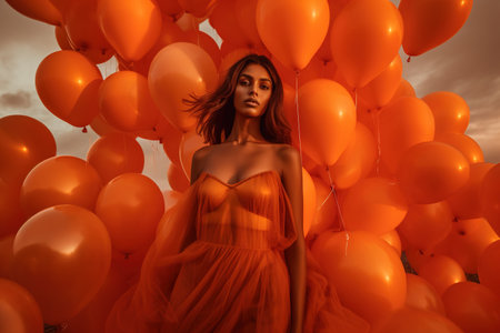 Beautiful brown skin woman wearing vibrant orange dress surrounded by orange balloons. Generative AIの素材