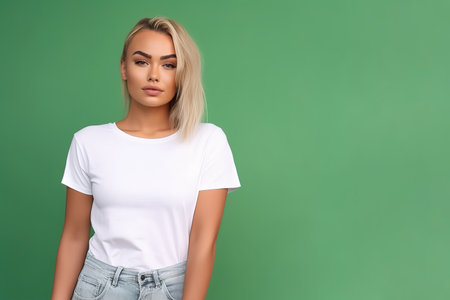 Young beautiful woman wearing plain white t-shirt over green background with copy space. Generative AIの素材