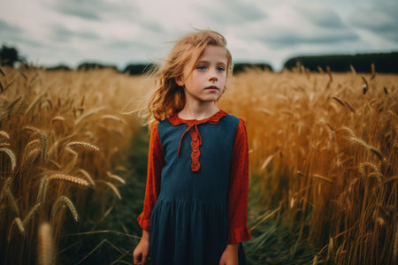 Little girl posing among wheat agricultural field. Generative AIの素材