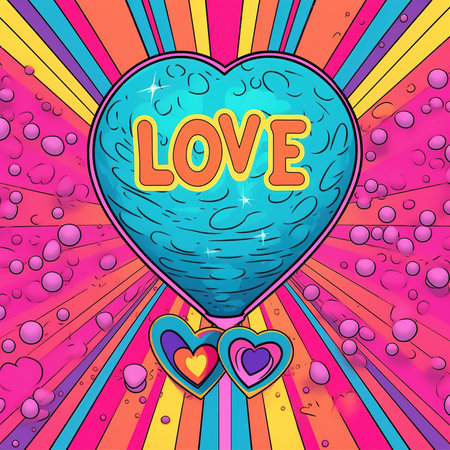 Colorful vibrant illustration of the word love inside heart. Greeting card banner concept. Generative AI illustrationの素材