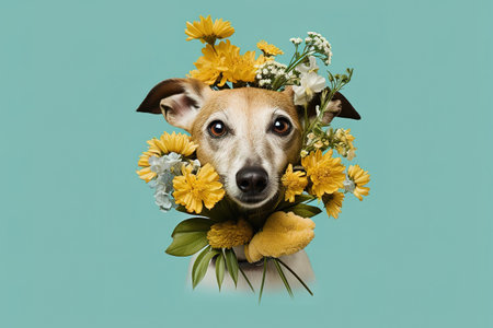 Cute portrait of dog head surrounded by bouquet of flowers over pastel blue background. Generative AIの素材