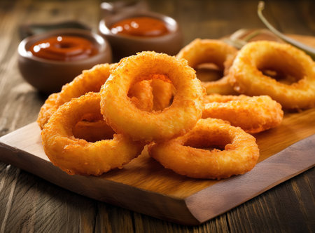 Delicious fried onion rings. Finger food concept. Generative AIの素材