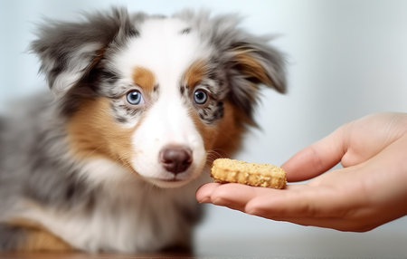 Australian shepherd puppy receiving food from human hand. White background studio shot. Generative AIの素材