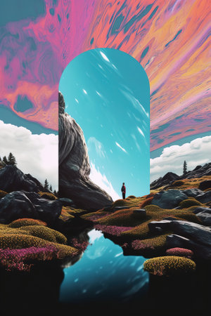 Aesthetic landscape with psychedelic mirror in the middle of surreal landscape. Generative AI vertical illustrationの素材