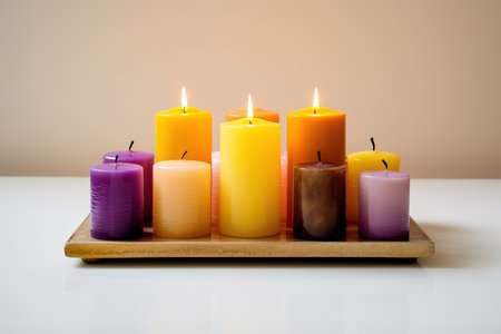 Colorful purple and yellow candles on white table. Generative AIの素材