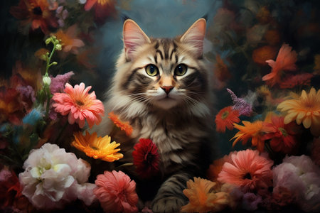 Adorable renaissance style of fluffy cat surrounded by flowers. Generative AI illustrationの素材