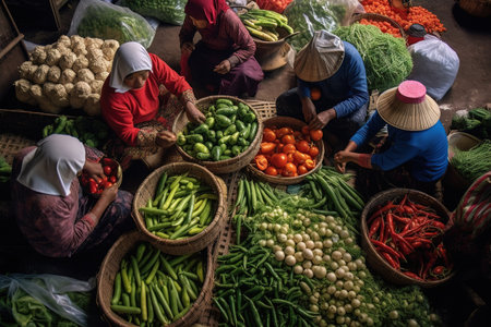 High angle view of farmers market merchants. Generative AIの素材