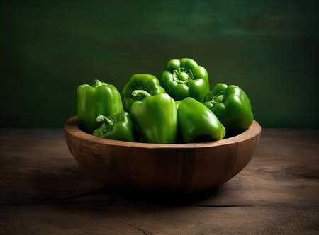 Green bell peppers in wooden bowl. Generative AIの素材
