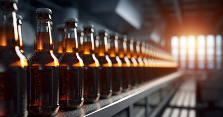 Beverage bottles in conveyor belt in factory process. Generative AIの素材