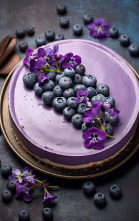 High angle view of delicious raw blueberry cheesecake. Generative AI vertical shotの素材
