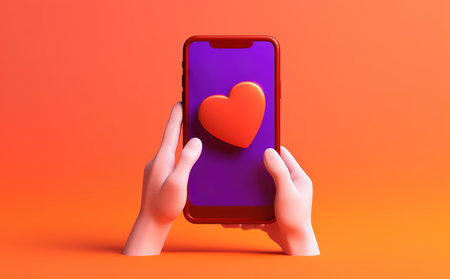 3D illustration of hand holding mobile phone with heart over gradient red background. Generative AIの素材
