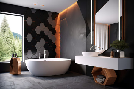Modern minimal style bathroom with hexagons. Interior design concept. Generative AIの素材