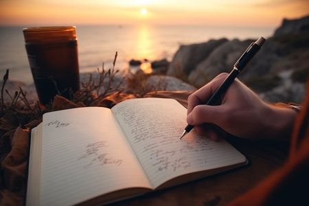 Traveler writing on his journal in front of the lake at sunset. Close up shot. Generative AIの素材
