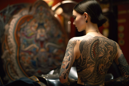 Lady with big tattoo all over her back in studio. Generative AIの素材