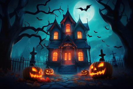 Dark illustration of haunted house. Halloween concept. Generative AI illustrationの素材