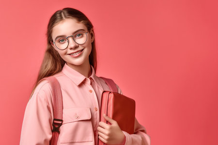 Girl with backpack and books ready for school against pink background studio shot with copy space. Generative AIの素材