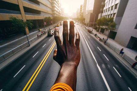 African American male hand extended trying to reach something with city motorway as background. Generative AIの素材