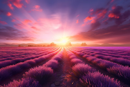 Lavender field with amazing sunset view. Generative AIの素材