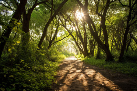 Path in forest park with beautiful sunbeams coming through tall trees. Generative AIの素材