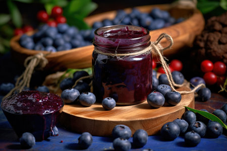 Blueberry home made jam in glass jar. Close up shot. Generative AIの素材