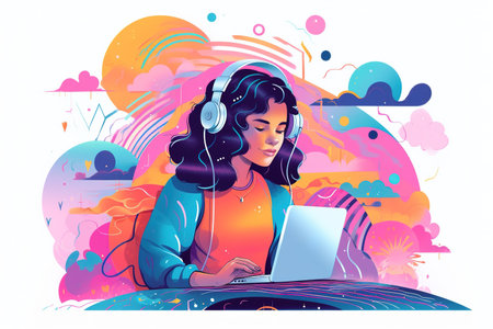 Colorful illustration of girl wearing headphones while using laptop. Generative AIの素材