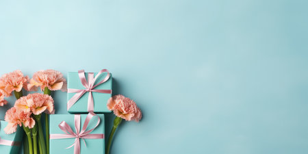 Layout top view of gift boxes with carnation flowers over light blue background with copy space. Generative AIの素材