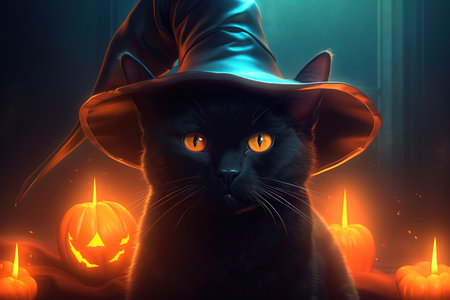 Black cat wearing witch hat for Halloween concept. Generative AI illustrationの素材