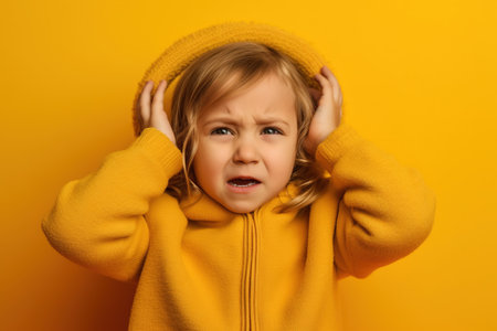 Little girl frustrated by annoying noise. Yellow background studio shot. Generative AIの素材