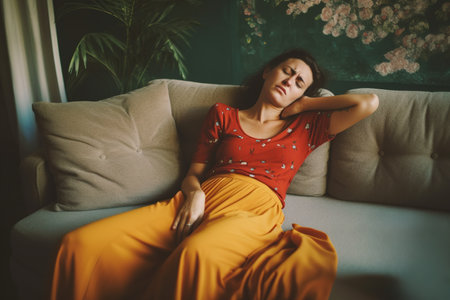 Sick woman with menstrual cramps sitting on the couch at home. Generative AIの素材