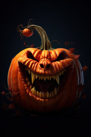 Creepy poster of pumpkin laughing over dark background. Generative Ai vertical illustrationの素材