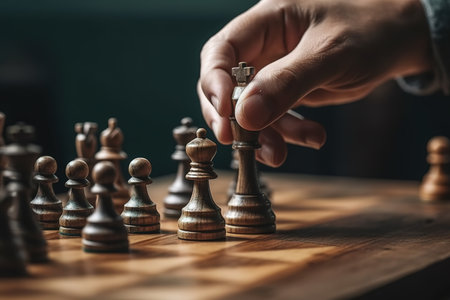 Close up shot of wooden chess with hand moving queen. Generative AIの素材