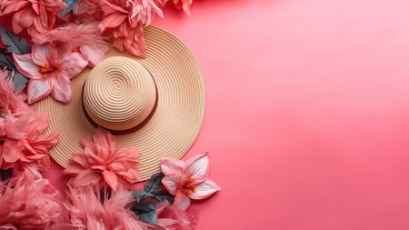 Pink background layout of flowers with summer hat with copy space for text. Summer vibes. Generative AIの素材