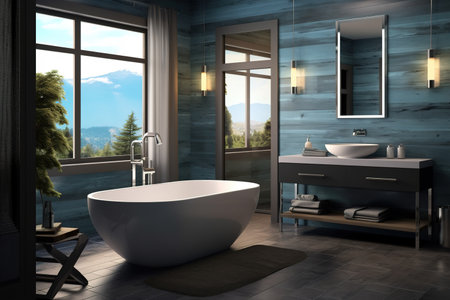 Elegant bathroom in blue tones with amazing view of mountains. Home interior design mock up. Generative AIの素材