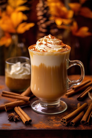 Pumpkin spicy latte in glass mug, close up shot. Generative Ai vertical shotの素材