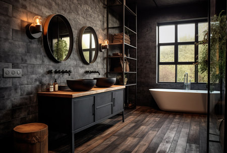 Modern design of bathroom in dark tones and wooden material. Home interior design mock up. Generative AIの素材