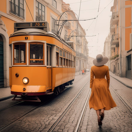 Woman walking on am European street with an orange vintage trolley car. Generative AIの素材